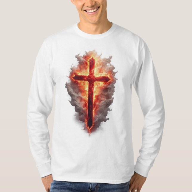 Men's Flaming Christian Cross Long Sleeve Tee (Framsida)