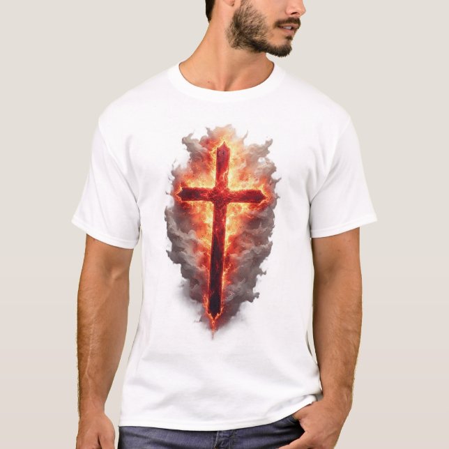 Men's Flaming Christian Cross Tee Shirt (Framsida)