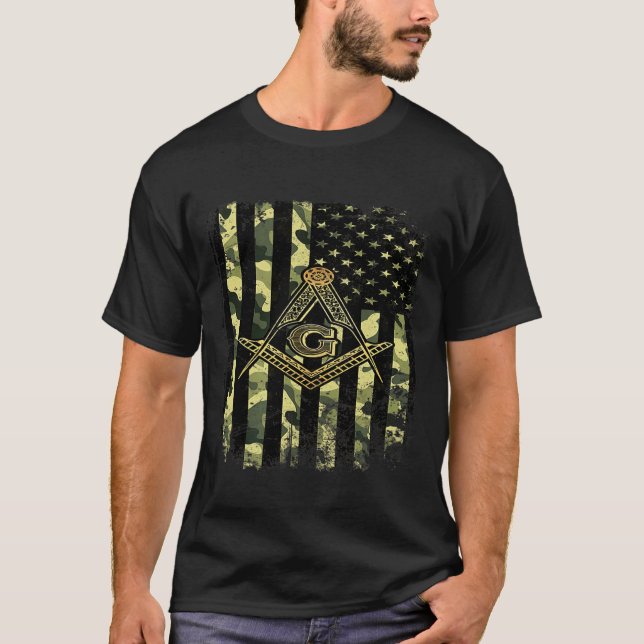 Mens Masonic Camo American Flag Freemason T Shirt (Framsida)