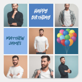 Mens Photo Collage Custom Blue Birthday Party Fyrkantigt Klistermärke