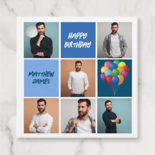 Mens Photo Collage Custom Blue Birthday Party Gåvor Etiketter