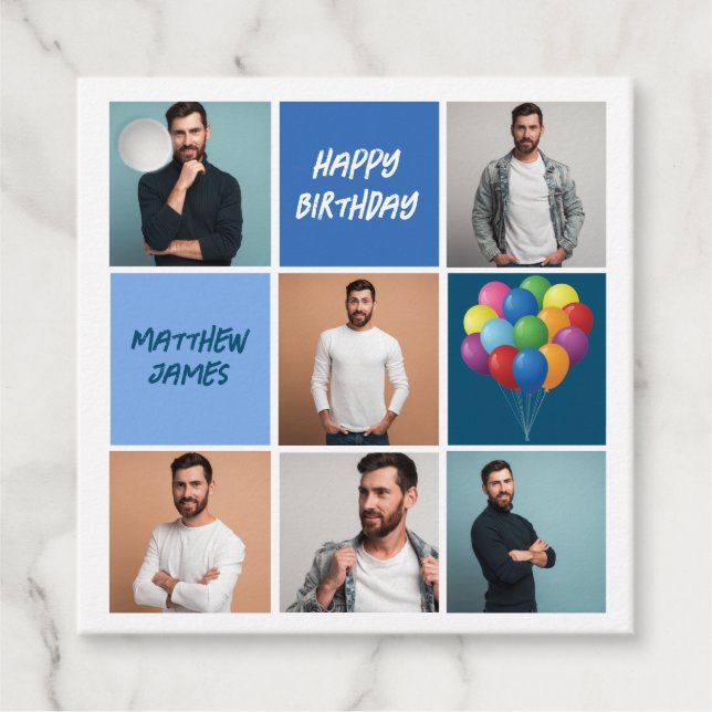 Mens Photo Collage Custom Blue Birthday Party Gåvor Etiketter (Framsida)