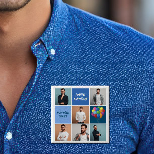 Mens Photo Collage Custom Blue Birthday Party Knapp