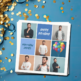 Mens Photo Collage Custom Blue Birthday Party Pappersservett