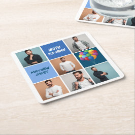 Mens Photo Collage Custom Blue Birthday Party Underlägg Papper Kvadrat