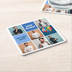 Mens Photo Collage Custom Blue Birthday Party Underlägg Papper Kvadrat