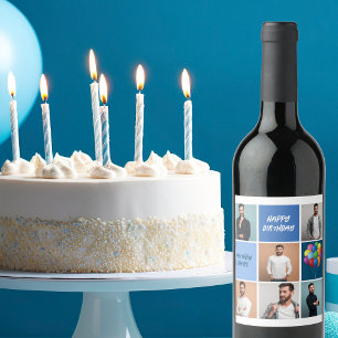 Mens Photo Collage Custom Blue Birthday Party Vinflaska Etikett