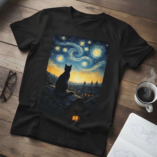 Men's Starry Night  Black Cat & Swirling Sky  T Shirt (Skapare uppladdad)