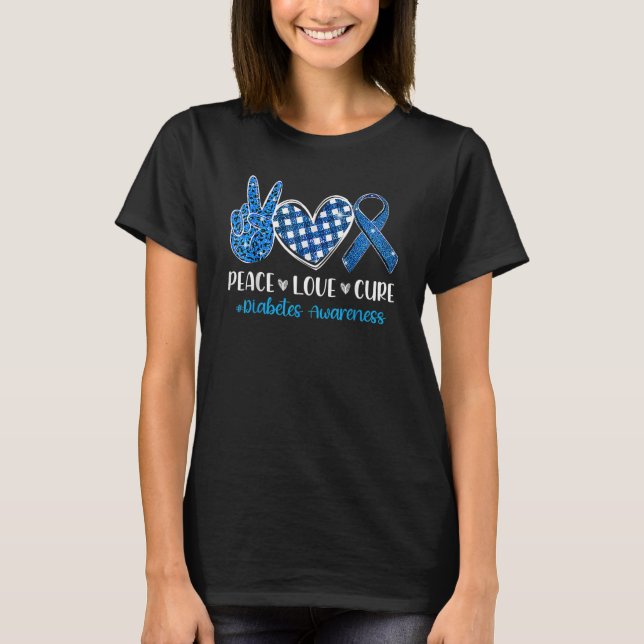 Mens Support Peace Love Cure Grey Blue Ribbon Diab T Shirt (Framsida)
