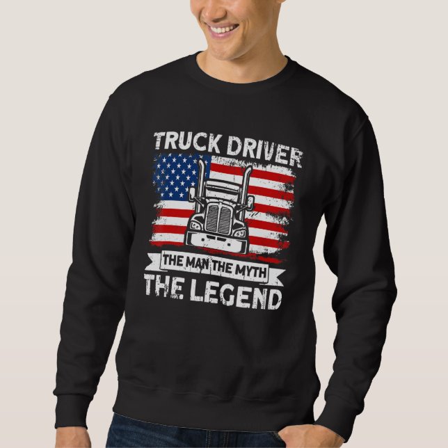 Mens Trucker Truck Driver American Flag Man Myth L Lång Ärmad Tröja (Framsida)