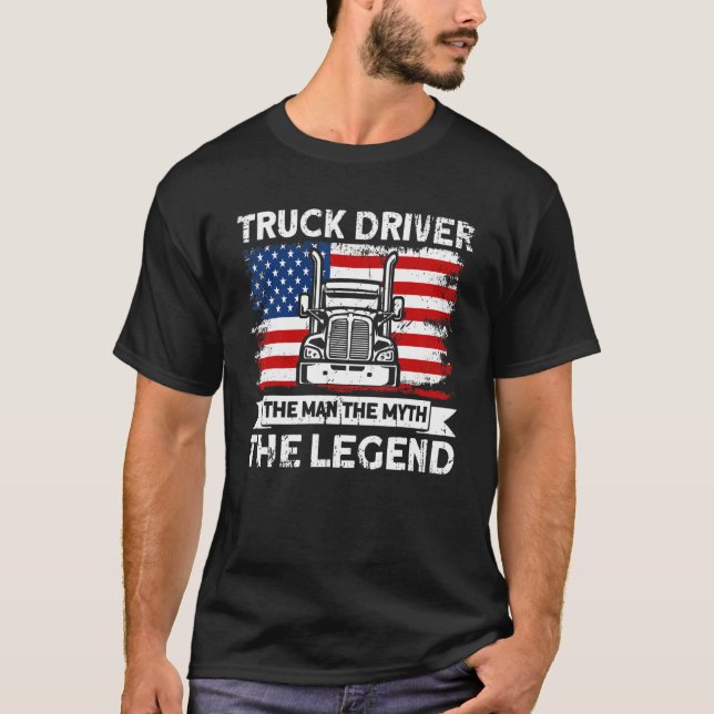 Mens Trucker Truck Driver American Flag Man Myth L T Shirt (Framsida)