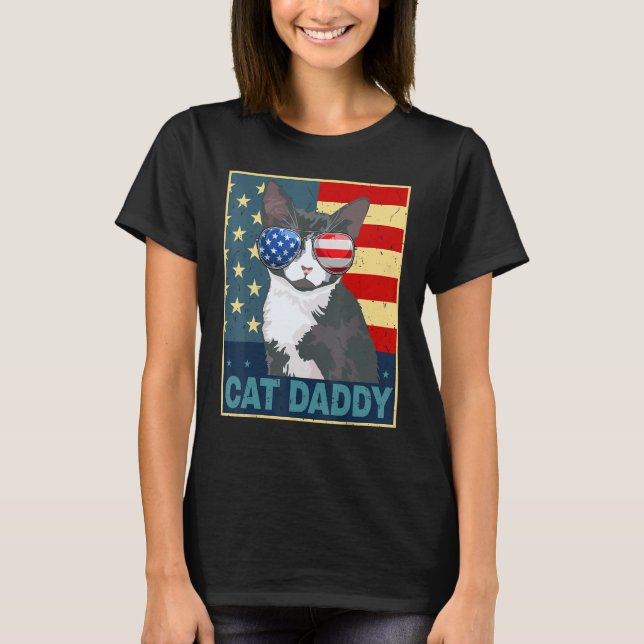Mens Tuxedo Cat Daddy Dad Father Day  American Fla T Shirt (Framsida)