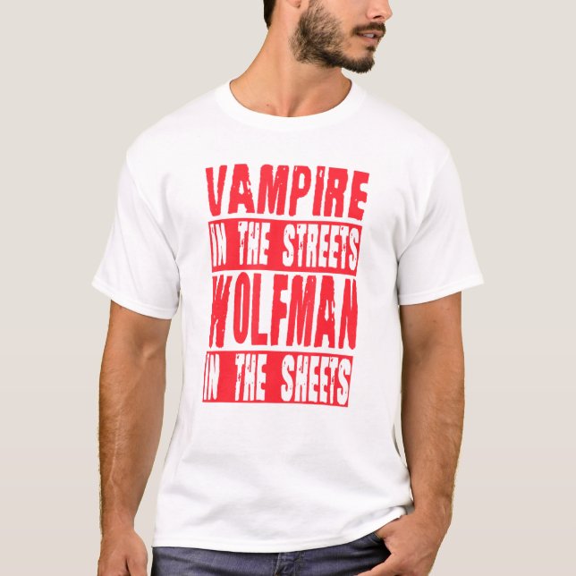 Mens Vampire In The Streets Wolfman In The Sheets  T Shirt (Framsida)