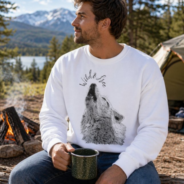 Mens Wild & Free Script Howling Wolf Finkonst Lång Ärmad Tröja (Skapare uppladdad)