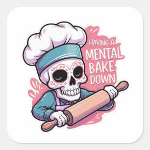 "Mental Bake Down" Skull Baker Stickers - Funny Fyrkantigt Klistermärke