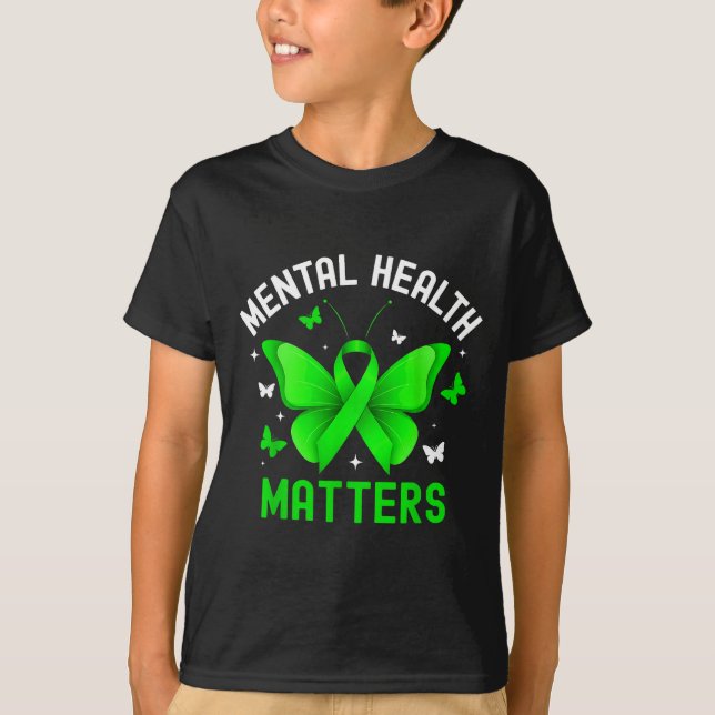 Mental hälsa medvetenhet fjäril band grön t shirt (Framsida)