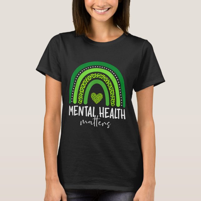 Mental hälsa medvetenhet grön regnbåge hjärna t shirt (Framsida)