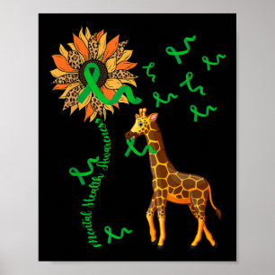 Mental Health Awareness Giraffe Holding Grönt Ribb Poster