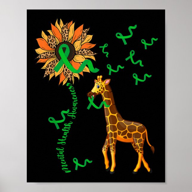 Mental Health Awareness Giraffe Holding Grönt Ribb Poster (Framsidan)