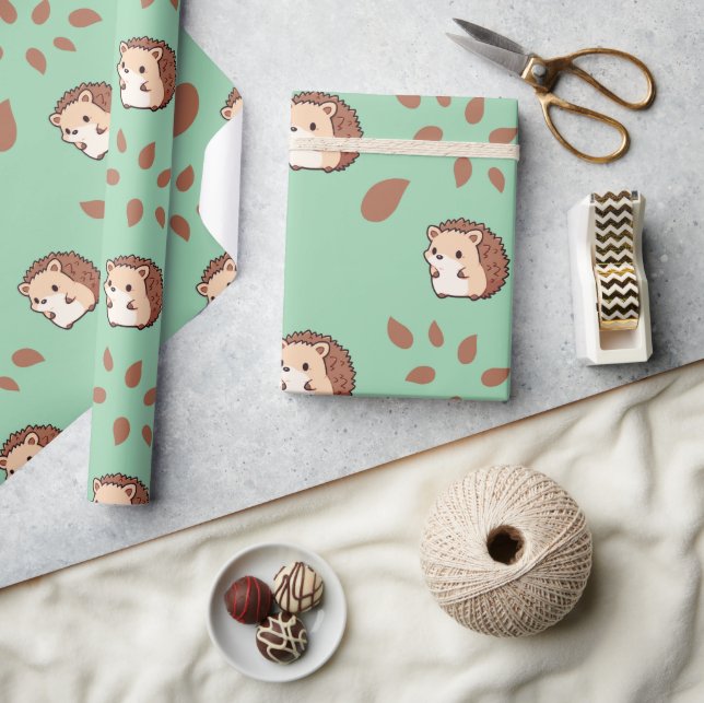 Menthol Grönt Sömlös Hedgehogs Wrapping Papper Presentpapper (Hantverk)