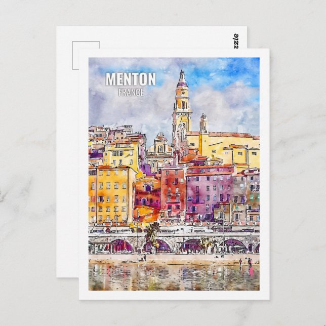 Menton Frankrike Berömd Travel Ställe Watercolor Vykort (Fram/baksida)