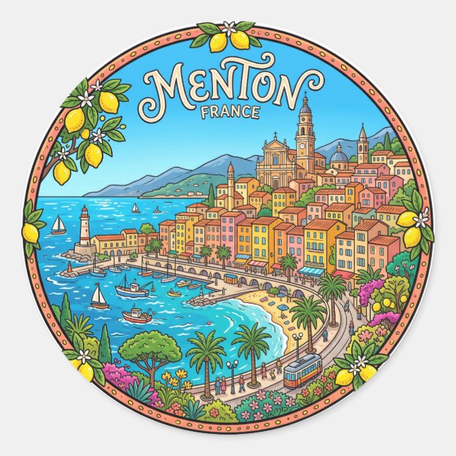 Menton Frankrike Runt Klistermärke (Framsida)