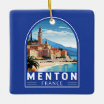 Menton Frankrike Travel Art-Vintage Julgransprydnad Keramik<br><div class="desc">Menton-retrovektorns rörelsemodeller. Menton är en stad på Fransken Riviera i sydöstra Frankrike. Den är känd för stränder och trädgårdar som Serre de la Madone-trädgården.</div>