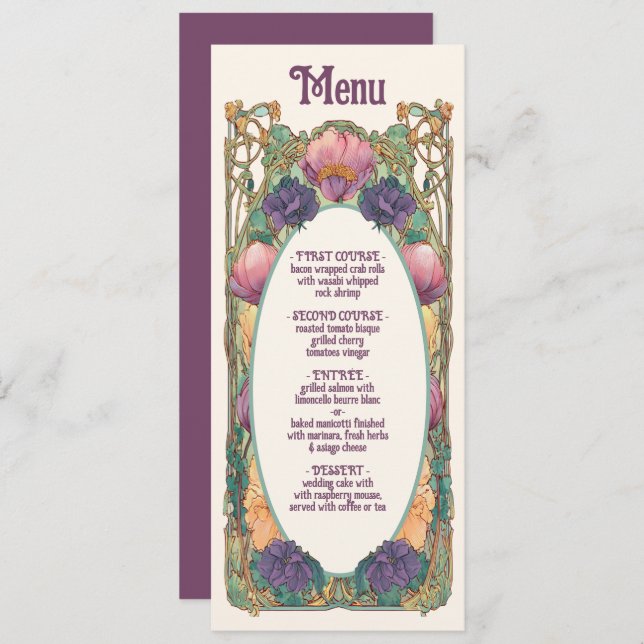 Menu art nouveau Blommigt Bröllop Meny (Fram/baksida)