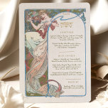 Menu Art nouveau Bröllop middag av Mucha Inbjudningar<br><div class="desc">Lägg till lite elegans och sofistikering till din bröllopsmottagning med Art nouveau Bröllop Menu. Vattenfärgsgrafiken har en av Muchas musar som håller ett glas champagne och skapar lyxen och firande. Stil i Art nouveau kännetecknas av sin blomstrande linjer och blommigt motiv, skapar det en perfekt som passar för en bröllop-meny....</div>