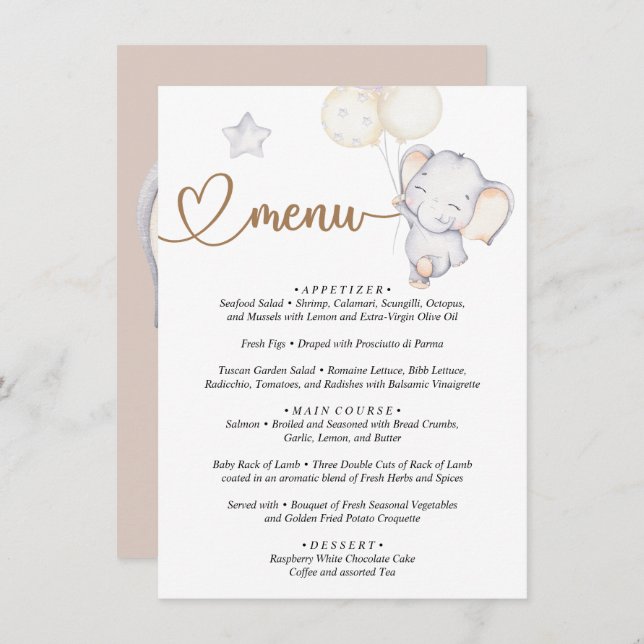 Menu Baby Elephant Baby Shower Tilläggskort (Fram/baksida)