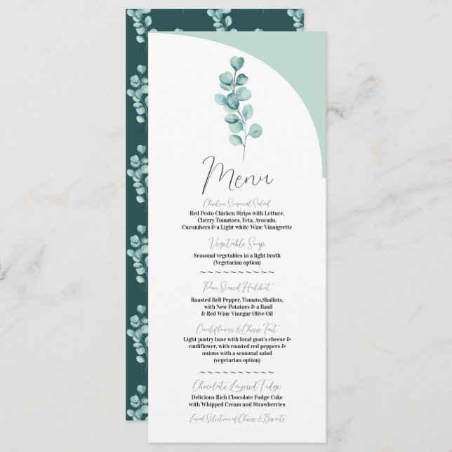 Menu Bröllop Eucalyptus Modern Reception Greenery Meny (Fram/baksida)