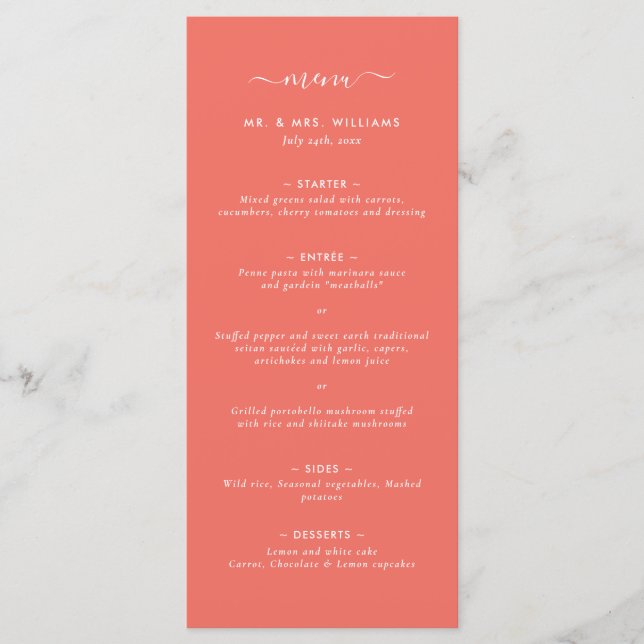 Menu Bröllop i Modern Coral Minimalist Meny (Framsida)