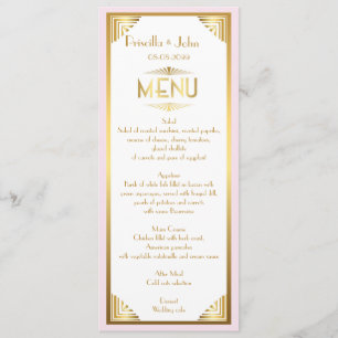 Menu Bröllop,menymöte,underbar Gatsby,vit,guld Meny