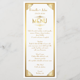 Menu Bröllop,menymöte,underbar Gatsby,vit,guld Meny