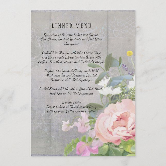 Menu Bröllop Rustic Elegant Blommigt Rosa Peonies Meny (Framsida)