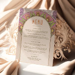 Menu Bröllop Vintage Art nouveau av Mucha Invati Inbjudningar<br><div class="desc">Menykort i Art nouveau stil för din vintage-temade bröllop av Alphonse Mucha i en blommigt, romantisk och visuell design. Viktorianska blommor kompletterar klassisk konst deco typsnitt. Ange din anpassningsbar så är du klar. Om du vill ändra designen ytterligare klickar du på den blå knappen "Anpassa den". Tack så mycket för...</div>