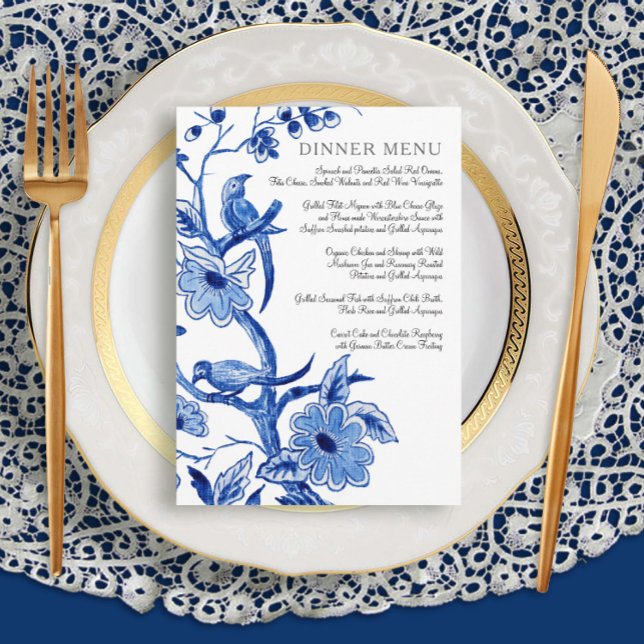 Menu Bröllop Vintage Blue White Chinoiserie Blommi Meny (Skapare uppladdad)