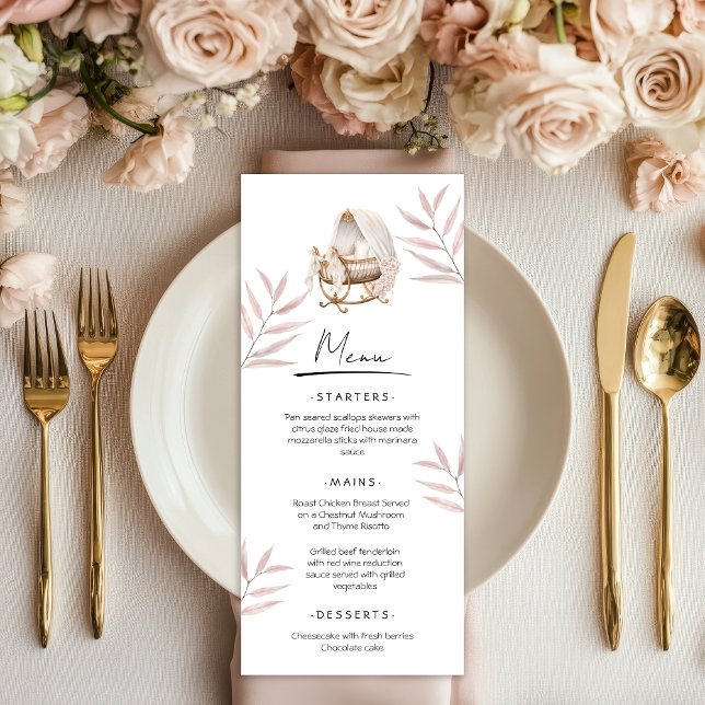 Menu Card Baby Shower Brunch Dusty Pink Gold Leave Meny (Skapare uppladdad)