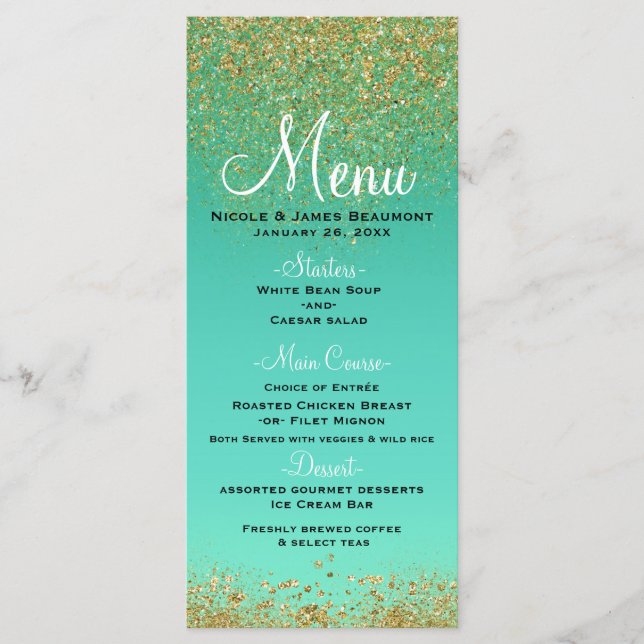 Menu Cascading Guld Glitter & Teal Aqua Glam Menu Meny (Framsida)
