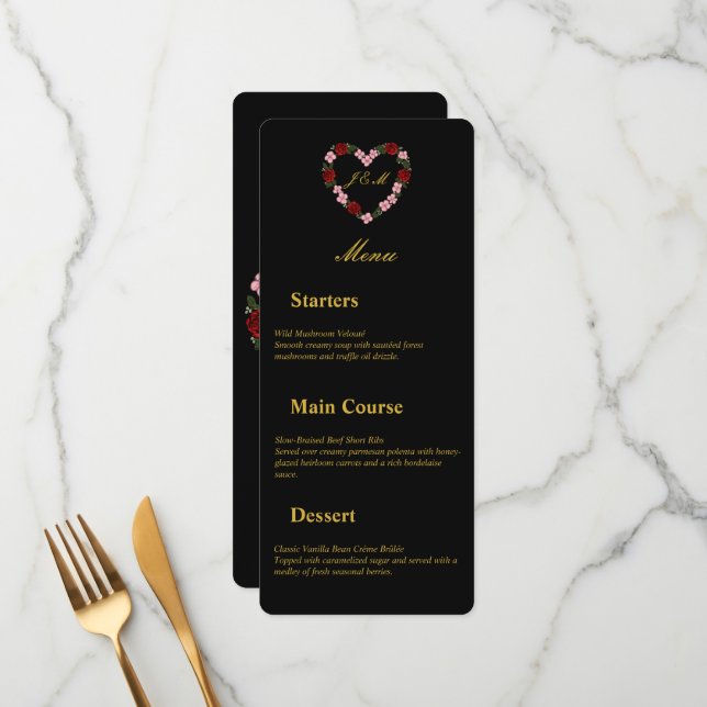 Menu de mariage noir coeur floral meny (Fram/Back In Situ)