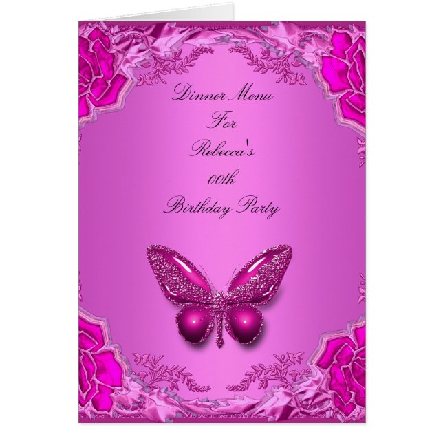 Menu Dinner Card Rosa Butterfly Blommigt OBS Kort (Framsidan)