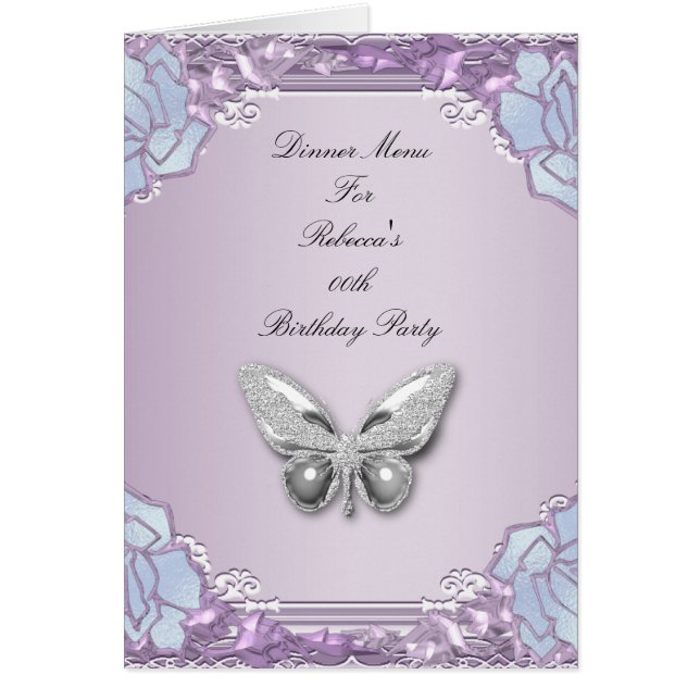 Menu Dinner Card Silver Lilac Mauve Butterfly OBS Kort (Framsidan)