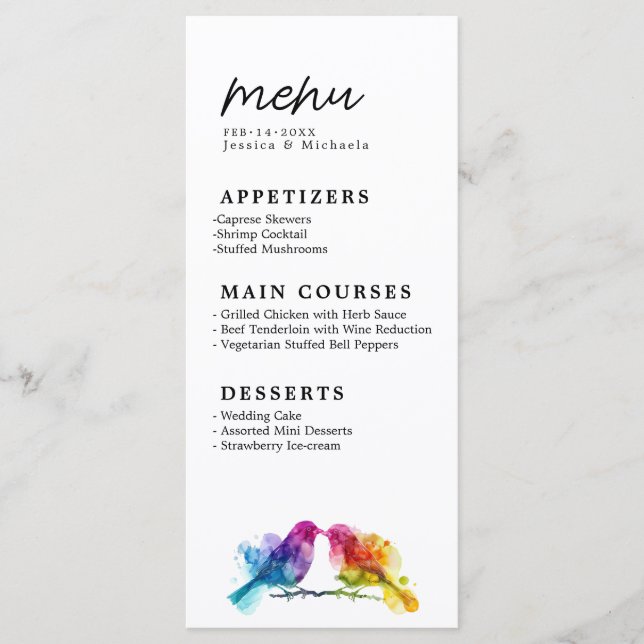MENU + Drinks Rainbow Lovebird Collection Meny (Framsida)