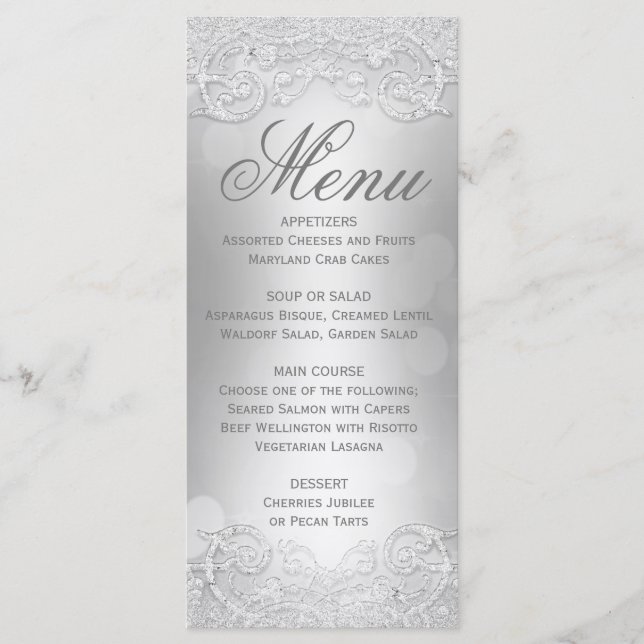 Menu Elegant Silver Faux Glitter Meny (Framsida)
