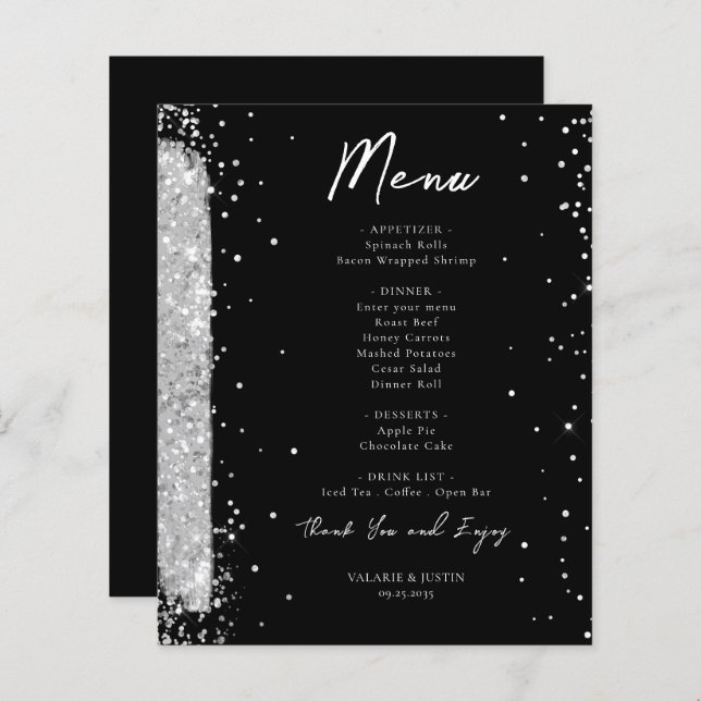 Menu Flyer silver och Black Glitter Bröllop (Fram/baksida)
