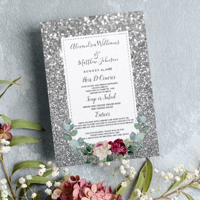 Menu för Burgundy rosa blommigt silver glitter Brö Meny (Burgundy pink floral silver glitter Wedding Menu)