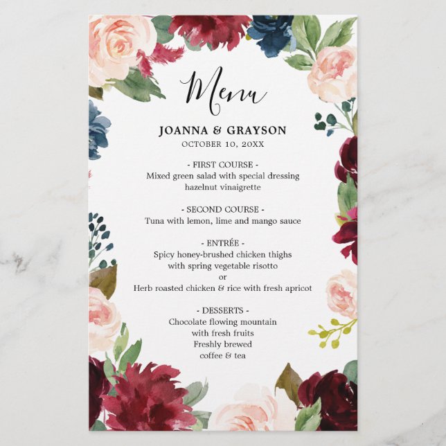 Menu för den  flottans blå botaniska Bröllop (Framsida)