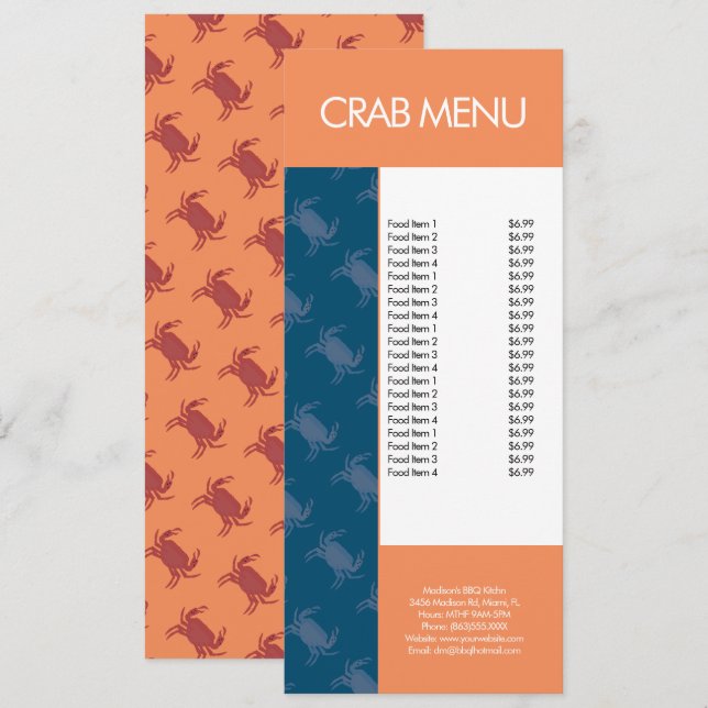 Menu för den moderna fiskkrabban Restaurant Mönste Meny (Fram/baksida)
