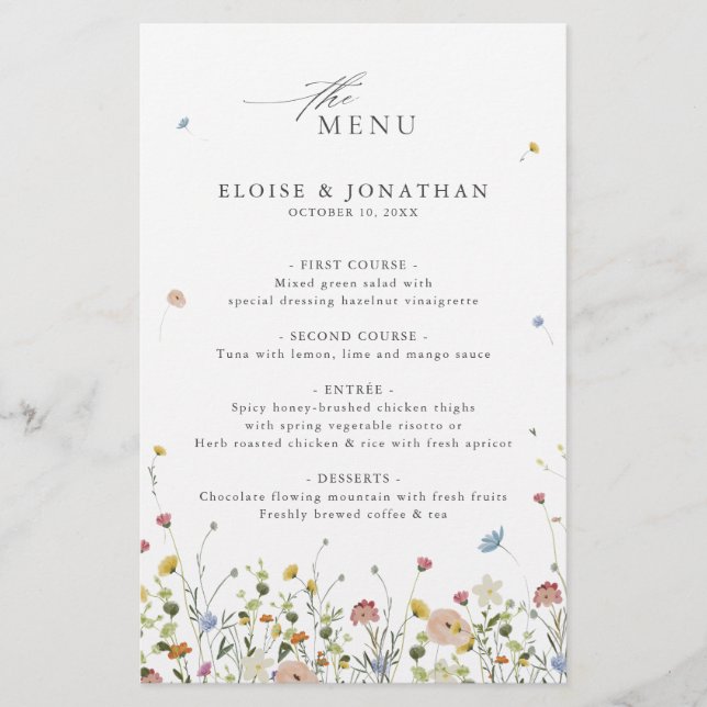 Menu för färgämnet Vår Wildblomme Meadow Bröllop (Framsida)