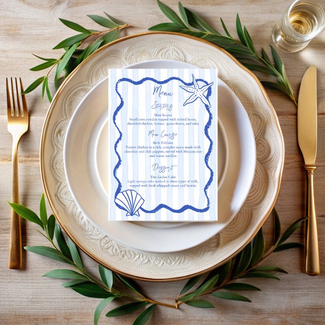 Menu för handrawn sketch seashells bröllop Menu Meny (Handrawn sketch seashells blue wavy border beach wedding Menu cards personalized menu stationery)